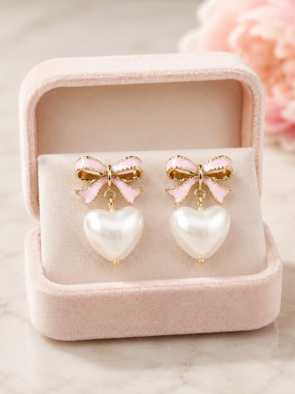 Pink Gold Pearl Heart Bow Drop Earrings Romantic Dangle Studs NWT